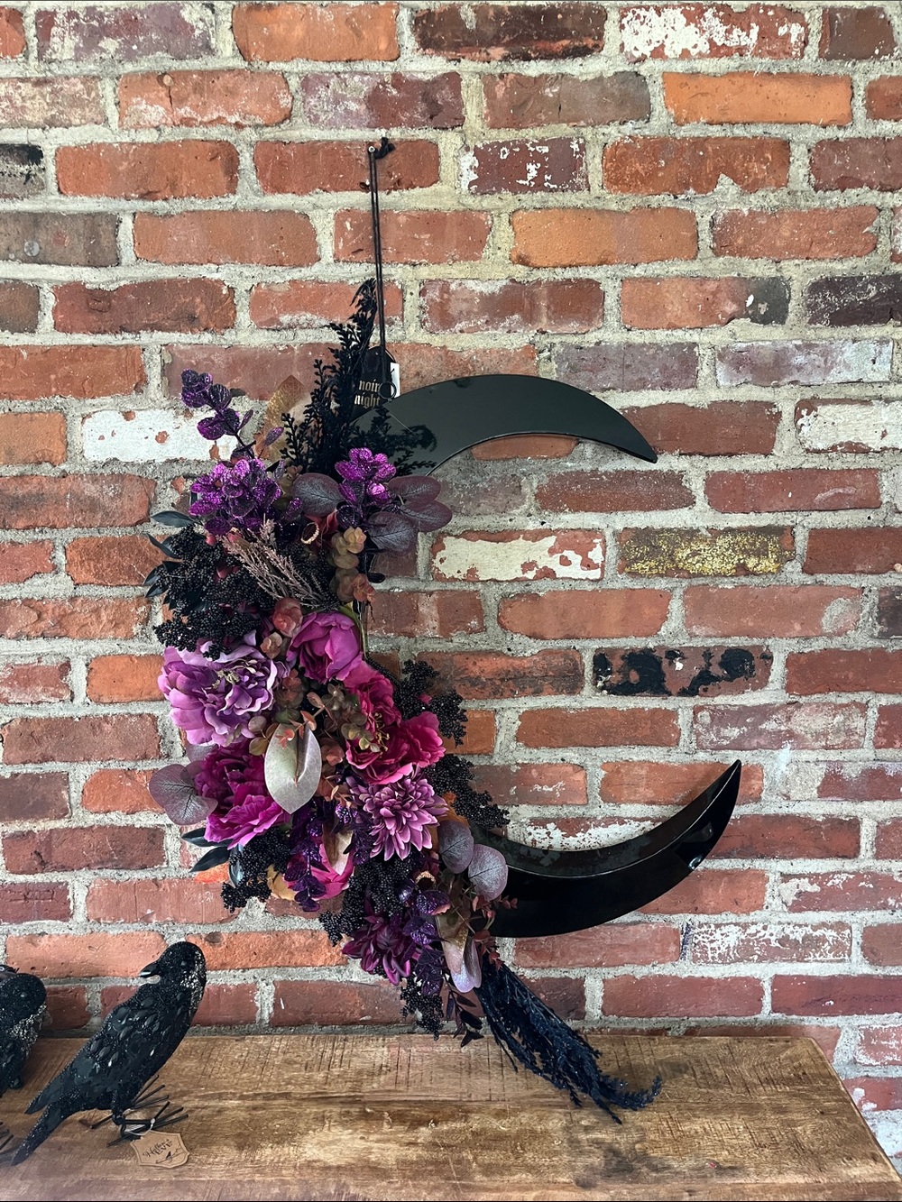 Noir night Crescent Moon Floral Wall Accent in Purple by
